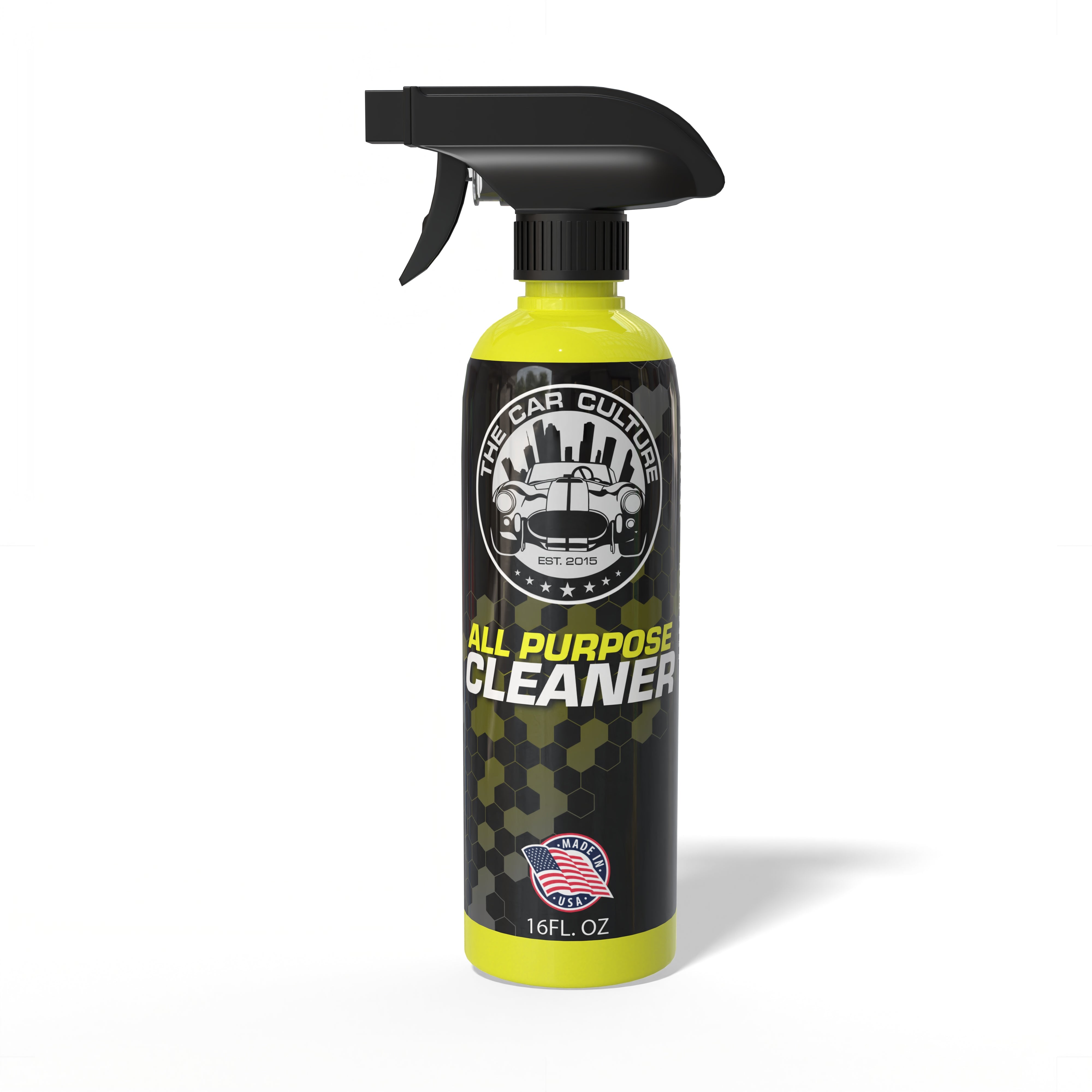 All-purpose cleaner spray bottle with black and yellow design on a white background