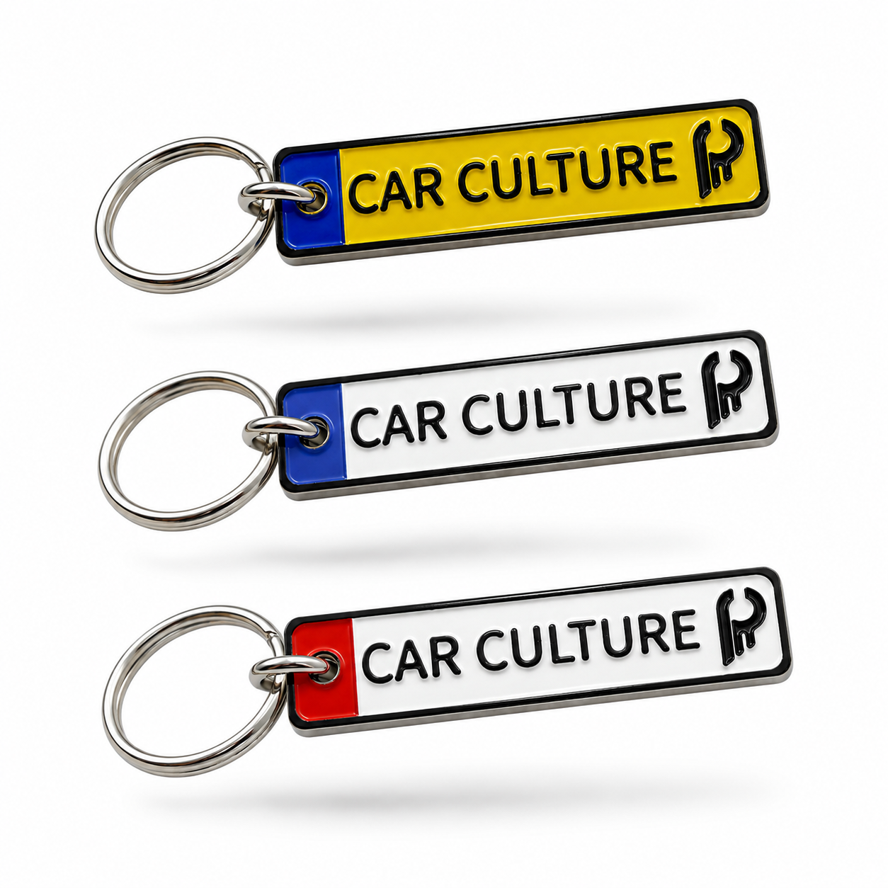 Car Culture Euro license plate keychain available in three color options