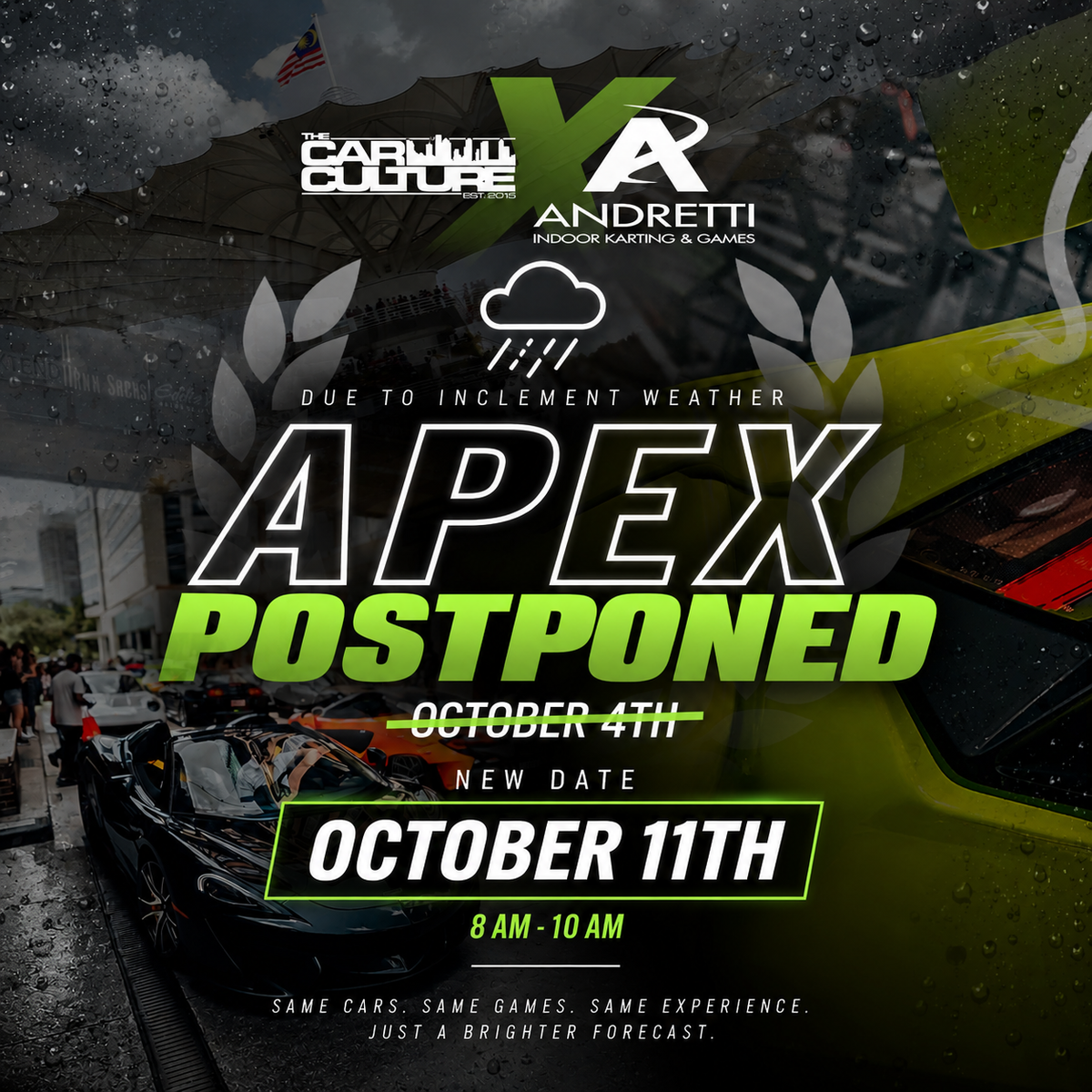 APEX at Andretti postponed due to weather to Sunday October 11 2026, 8 AM to 10 AM