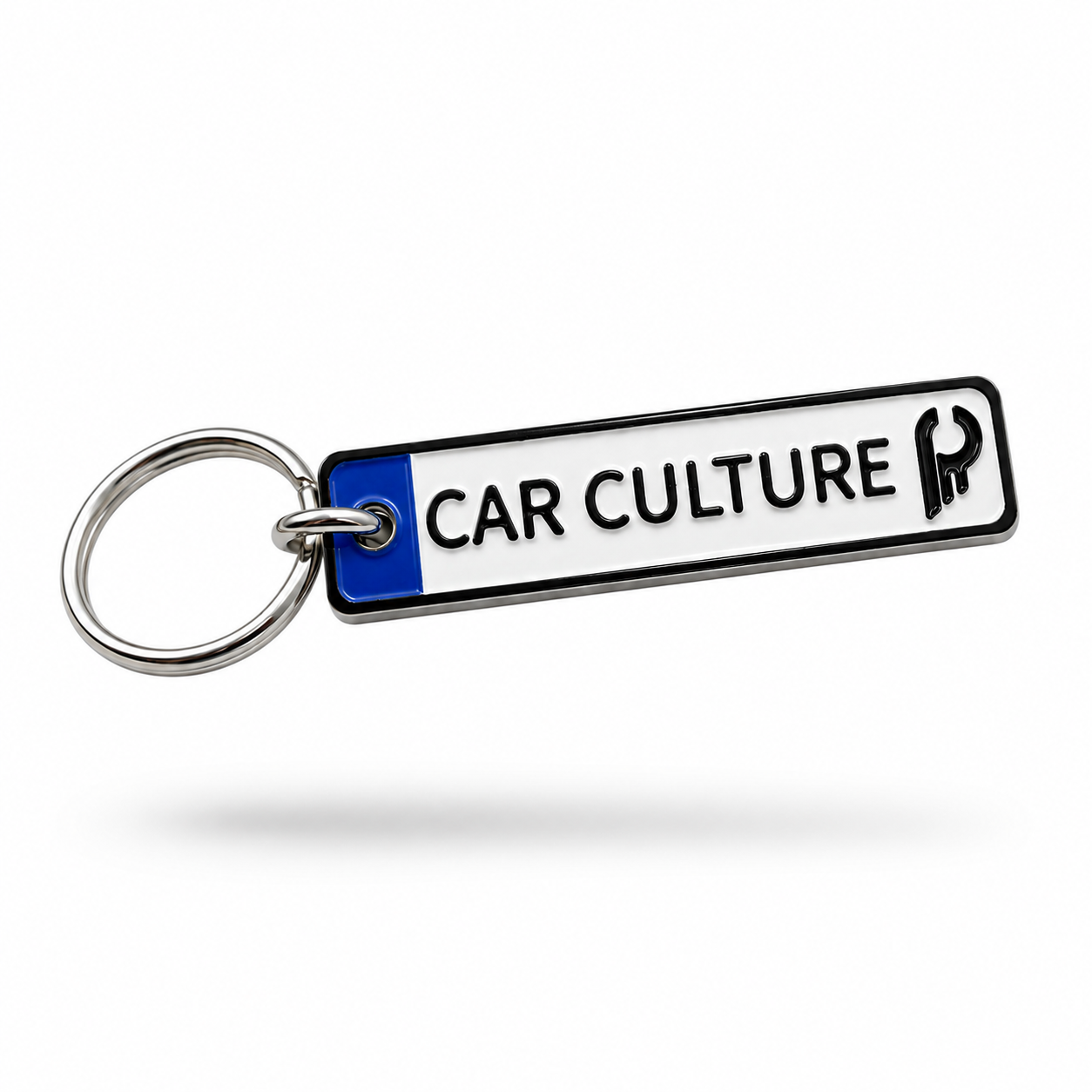 Blue and white Car Culture Euro license plate style automotive keychain