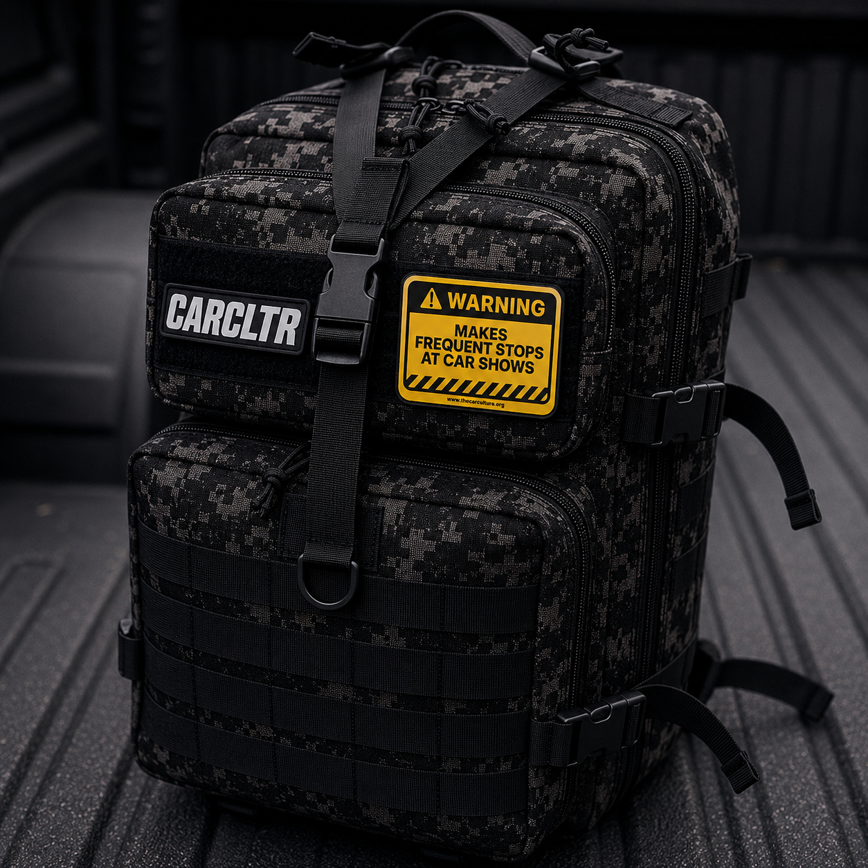 Car Culture digital camo Mystery Backpack with CARCLTR and warning patches