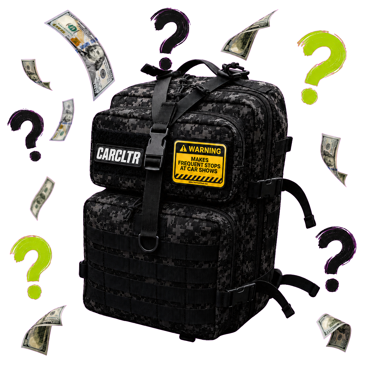Car Culture digital camo Mystery Backpack surrounded by cash and mystery question marks